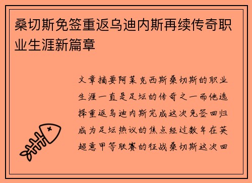 桑切斯免签重返乌迪内斯再续传奇职业生涯新篇章